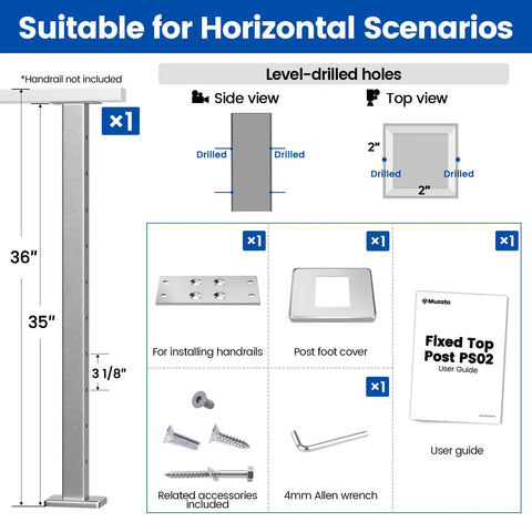 Diagram showing Cable Railing Post 36 Inch Square 2x2 Surface Mount Brushed T304 Stainless Steel Kit with accessories.