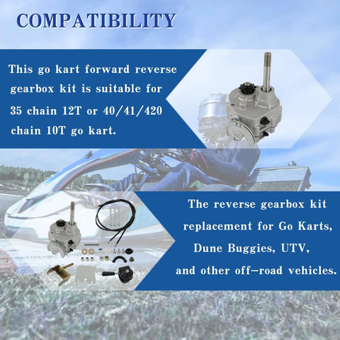 Beefed Up Go Kart Forward Reverse Gearbox With Snappy Three Speed Shifts Featuring A Plug And Play Setup showing compatibility details and parts.