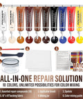 Leather And Vinyl Repair Kit for Furniture with 10-color palette, adhesive, brush, and mixing tools shown in packaging.