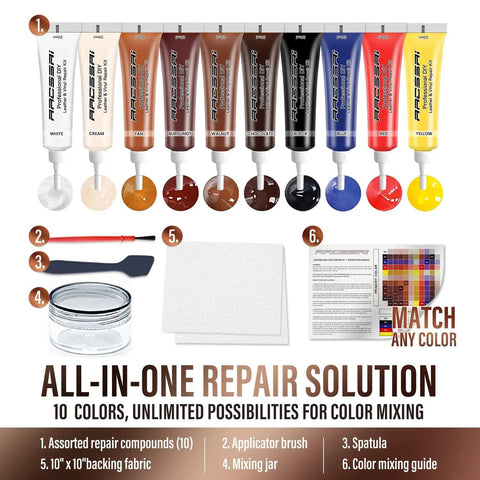 Leather And Vinyl Repair Kit for Furniture with 10-color palette, adhesive, brush, and mixing tools shown in packaging.