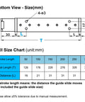 Technical diagram of 12 Inch Mini Linear Rail Stage Actuator With 300mm Travel showing dimensions and size chart.