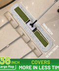 Heavy Duty Commercial Dust Mop And Floor Broom For Hardwood Surfaces With Secure Button Lock Handle And Wide Sweep Path For Quick Janitorial Cleanup Jobs Done Right, showing 36 inch mop with two pads.