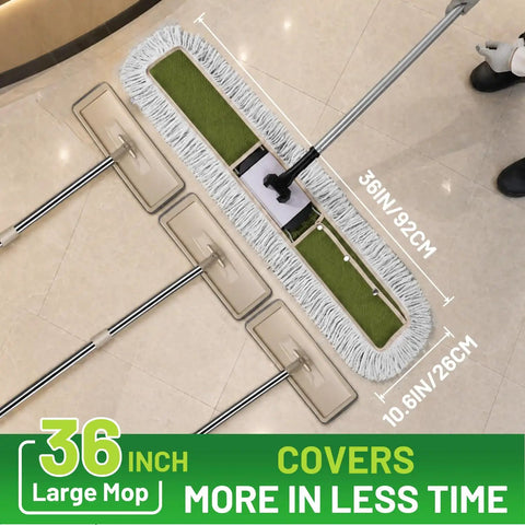 Heavy Duty Commercial Dust Mop And Floor Broom For Hardwood Surfaces With Secure Button Lock Handle And Wide Sweep Path For Quick Janitorial Cleanup Jobs Done Right, showing 36 inch mop with two pads.
