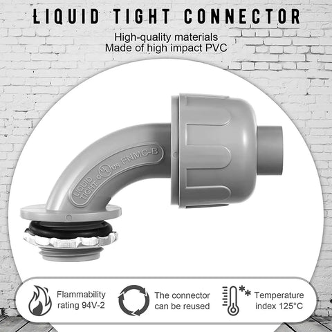 Liquid Tight Non Metallic Conduit Connector Fittings 90 Degree PVC Electrical Conduit Fittings For Home Kitchen Bathroom Tubing One Half Inch Easy Install Durable Iron Lock Plate 48 Pieces DIY Friendly side view