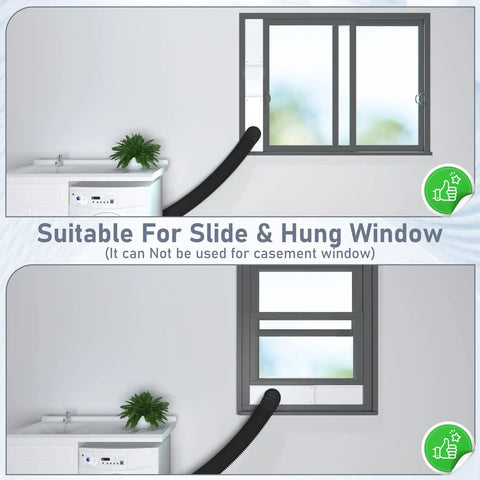 4 Inch Dryer Vent Window Kit With Louvered Cover And Adjustable Window Panels shown with sliding and hung window