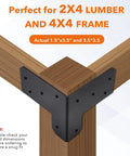 8 Piece 3 Way Corner Workbench Brackets Kit With Screws For Wood Heavy Duty DIY Workbench Legs Fits 4x4 And 2x4 Lumber Includes 20 Short Screws And 10 Long Screws Sturdy Corner Brackets For Building Custom Workbenches, installed view with lumber dimensions shown