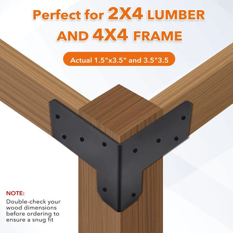 8 Piece 3 Way Corner Workbench Brackets Kit With Screws For Wood Heavy Duty DIY Workbench Legs Fits 4x4 And 2x4 Lumber Includes 20 Short Screws And 10 Long Screws Sturdy Corner Brackets For Building Custom Workbenches, installed view with lumber dimensions shown