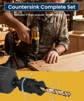 Person using Top Shelf Countersink Drill Bit Set With 1/4 Inch Hex Shank, Titanium Coated 82 Degree Adjustable Depth Guides for woodwork.
