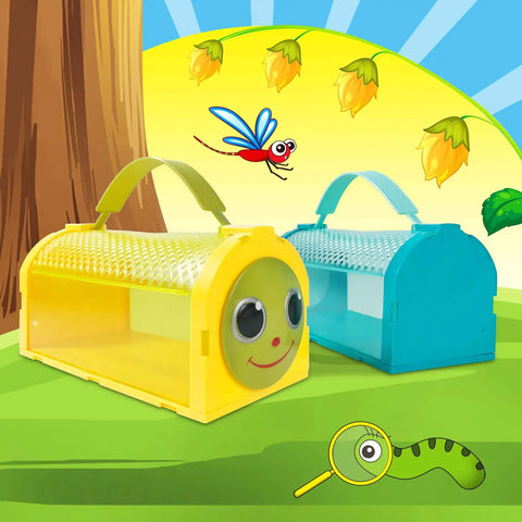 Two Piece Bug Catcher Kit For Kids, Cool Outdoor Explorer Set With Double Bug Cages in yellow and blue, cartoon bug background.