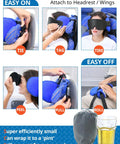 Diagram showing how to attach Travel Pillow for Airplanes and Cars with Built In Eye Mask, 360 Degree Neck Support Headrest.