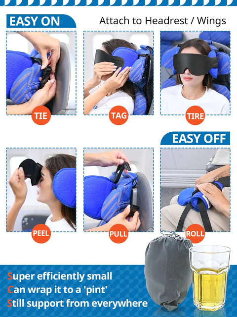 Diagram showing how to attach Travel Pillow for Airplanes and Cars with Built In Eye Mask, 360 Degree Neck Support Headrest.