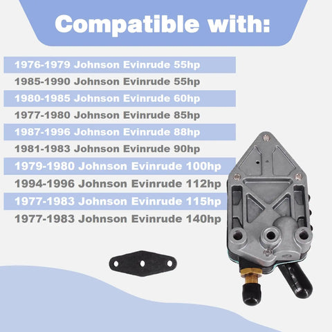 Outboard Fuel Pump Replacement For 25 To 140 HP Marine Motors, Universal Fit, shown with compatibility list.