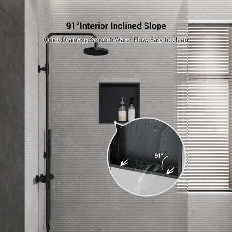 Brushed Stainless Steel Shower Niche With No Tiling Required, Recessed Bathroom Storage, 12 By 12 By 4 Inches, Waterproof And Leakproof Organizer For Shower Walls; 91° interior slope detail for drainage