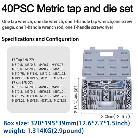 Pro Grade Metric Tap And Die Set M3 To M12 40 Piece Rethreading Tool Kit with storage box and specifications display