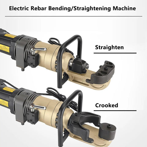 Heavy Duty Electric Rebar Bender With 1.5KW Power Bends Steel Bars Up To 1.25 Inch Fast In Seconds Adjustable Angle Control For Construction Sites Portable Storage Box Included, showing straightening and bending features.