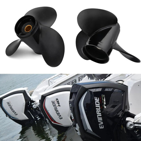 Dual view of Aluminum Boat Propeller Upgrade For Johnson Evinrude 15 35HP 14 Spline 10.1 Inch Diameter 13 Inch Pitch 3 Blade