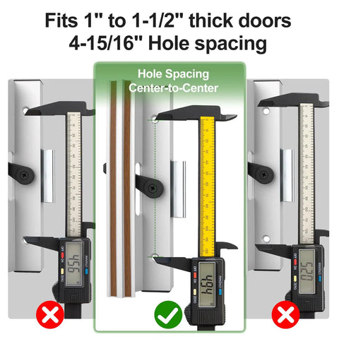 Clamp Style Aluminum Sliding Patio Door Handle Set With White Woodgrain Finish 4 15/16 Inch Center To Center Hole Spacing Replacement For Sliding Glass Doors Easy Install Durable Surface Mount Hardware, measuring 1" to 1-1/2" thick doors depicted with calipers showing correct and incorrect hole spacing.