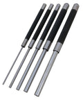 8 Inch Long Pin Punch Set 5 Piece Carbon Steel With Knurled Handles For Deep Pin Removal In Obstructed Areas Includes 1/8 Inch 3/16 Inch 1/4 Inch 5/16 Inch And 3/8 Inch Pins Wall Mountable And Easy To Use arranged neatly