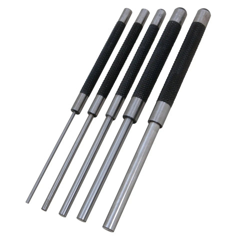 8 Inch Long Pin Punch Set 5 Piece Carbon Steel With Knurled Handles For Deep Pin Removal In Obstructed Areas Includes 1/8 Inch 3/16 Inch 1/4 Inch 5/16 Inch And 3/8 Inch Pins Wall Mountable And Easy To Use arranged neatly