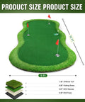 Product dimensions for thickened realistic golf putting green 5 x 10 ft practice mat with three holes and training cup.