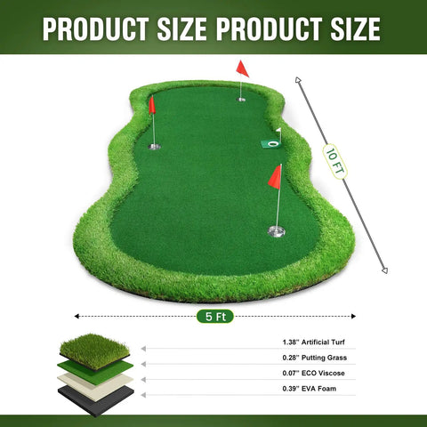 Product dimensions for thickened realistic golf putting green 5 x 10 ft practice mat with three holes and training cup.