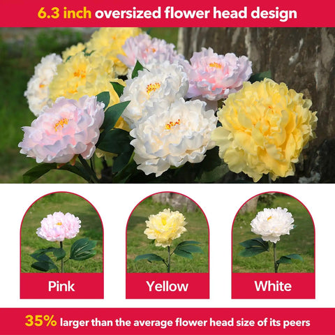 Outdoor Solar Garden Lights Set Featuring Realistic Peony Flower Heads Waterproof Design Bigger Solar Panel And 3 Pack
