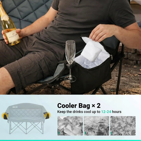 Oversized Double Camping Chair With Portable Folding Frame And Built In Cooler Bag For Two showing person using cooler