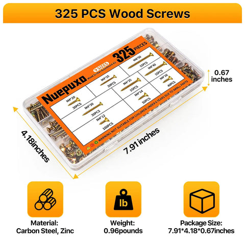 Nine Size M4 Wood Screws Set For Woodworking And Furniture Repairs 325 Piece Zinc Plated Self Tapping Phillips Kit