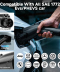 Person using Level 2 EV Charger With Smart App Control 32A 7.68kW 240V NEMA 14-50 Plug 25ft Cable on electric vehicle