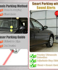 LED Garage Parking Sensor With Real Time Distance Display Green Yellow Red Ultrasonic Car Stop Indicator Adjustable Stop Distance From 6 Inches To 6 Feet Battery Or Power No Drill Wall Mount For Home Garage, installed next to parked car, showing distance indicators.