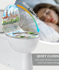 Elongated Resin Toilet Seat Quick Release for Bathroom with quiet closing feature and artistic landscape design.