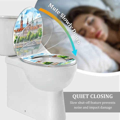 Elongated Resin Toilet Seat Quick Release for Bathroom with quiet closing feature and artistic landscape design.