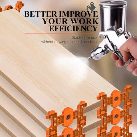Person using spray paint on wood panel with Spray Paint Rack Set for Doors and Cabinets, Interlocking Drying Racks system demonstrated