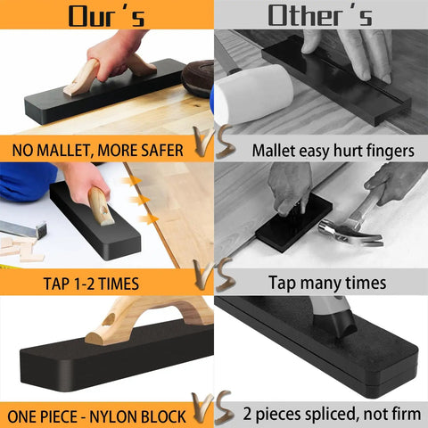 Comparison of heavy duty tapping block vs traditional method; shows mallet-free, safer design for wood floor installations.
