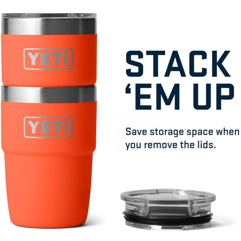Stackable 8 Oz Stainless Steel Coffee Cup Hella Durable Insulated Tumbler Top Shelf For Barista Espresso Drinks Slick Travel Mug In Bright Papaya Orange with clear lid 2 cups stacked.