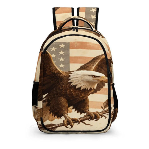Antique Eagle Arrow Branch Printed Unisex Backpack Large Capacity Durable Polyester Daypack with eagle print and flag background.