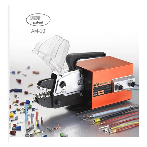 Industrial Grade Electric Dynamic Crimping Machine Featuring Slick Automatic Cold Press Terminal Pliers on metallic surface with wire terminals.