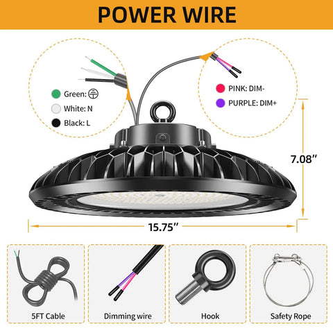 Ultra Bright 240W UFO LED High Bay Light With Dimmable Remote, 36,000 Lumens, 5000K Cool White, with power wire and accessories