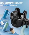 Two Pack Cup Holder Attachment For Strollers Walkers Wheelchairs And Bikes And Scooters With Built In Phone Holder And Adjustable Clip Fits All Bottle Sizes And Most Handles shown on handlebars with wide compatibility features and dimensions for cup sizes 3.18" to 3.54" in diameter