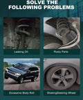 Image grid showing car parts with issues: Leaking oil, rusty parts, excessive body roll, and shaking steering wheel.