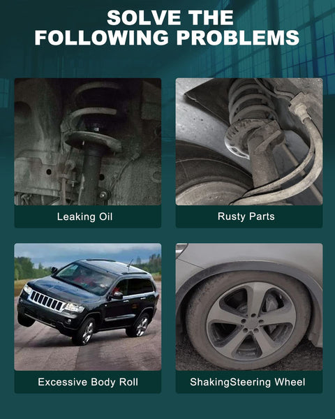 Image grid showing car parts with issues: Leaking oil, rusty parts, excessive body roll, and shaking steering wheel.