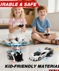Kids playing with One Click Transformer RC Police Car With Realistic Flashing Lights And A Convertible Battle Robot Mode