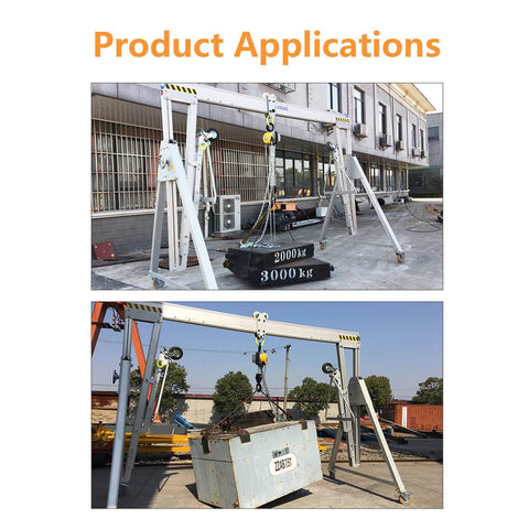 Heavy Duty Aluminum Gantry Crane Setup Boasting Slick 360 Spin Arm lifting heavy loads outdoors with visible weight ratings.