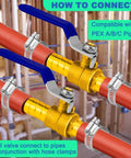 Beefy 2 Pack 3 Quarter Inch Heater Hose Shut Off Ball Valve with Barbed Fittings and Stainless Steel Clamps on Pipes