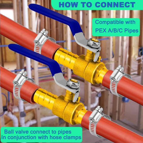 Beefy 2 Pack 3 Quarter Inch Heater Hose Shut Off Ball Valve with Barbed Fittings and Stainless Steel Clamps on Pipes