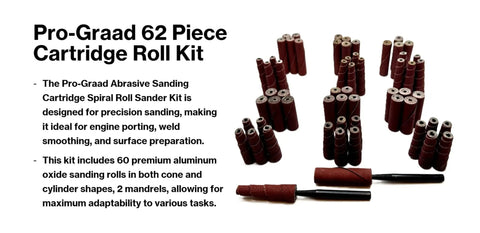 62 Piece Abrasive Spiral Roll Sander Kit with cone and cylinder shapes for metal wood stainless fiberglass welds engine porting