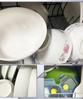 Compact Portable Countertop Dishwasher With Built In Five Liter Water Tank And Simple Snap Faucet Adapter shows clean dishes and utensils in rack.