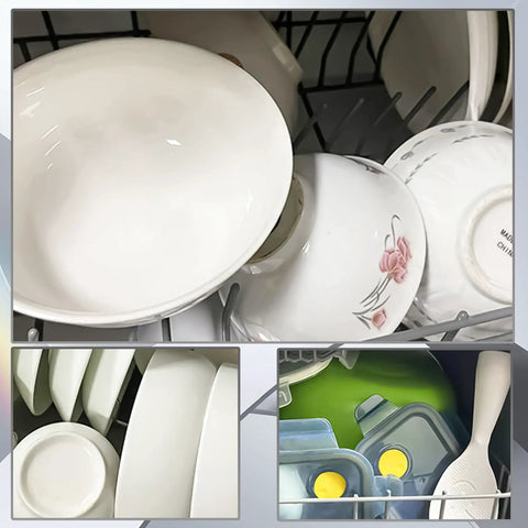 Compact Portable Countertop Dishwasher With Built In Five Liter Water Tank And Simple Snap Faucet Adapter shows clean dishes and utensils in rack.