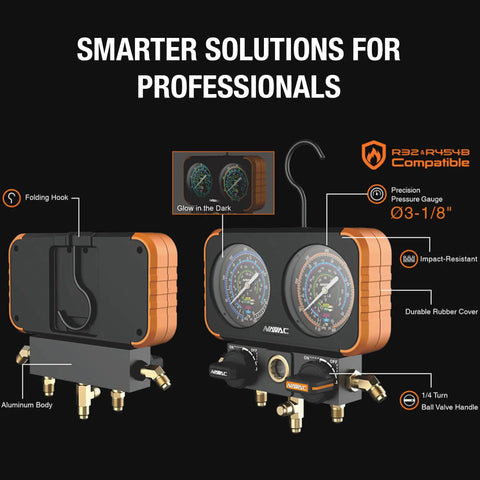 Precise Class 1.0 HVAC Manifold Gauge Set With Beefy Aluminum Body Rock Solid Impact Protection And Smooth Quarter Turn Ball Valves For Technicians Who Want Hardcore Reliability On Every Job Site