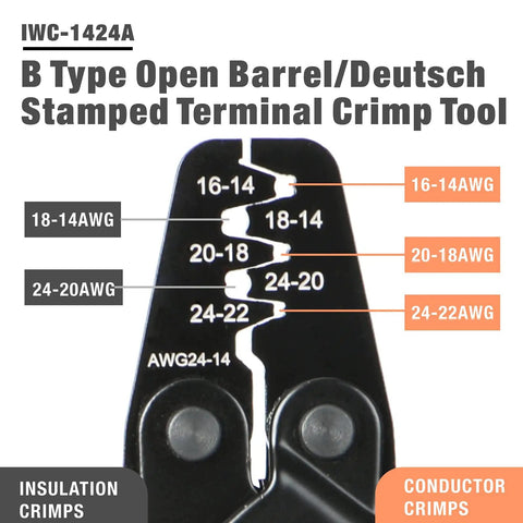 Open Barrel Terminal Crimping Tool For Deutsch DT Series Pro AWG14 To AWG24 showing crimp stations for different wire gauges.